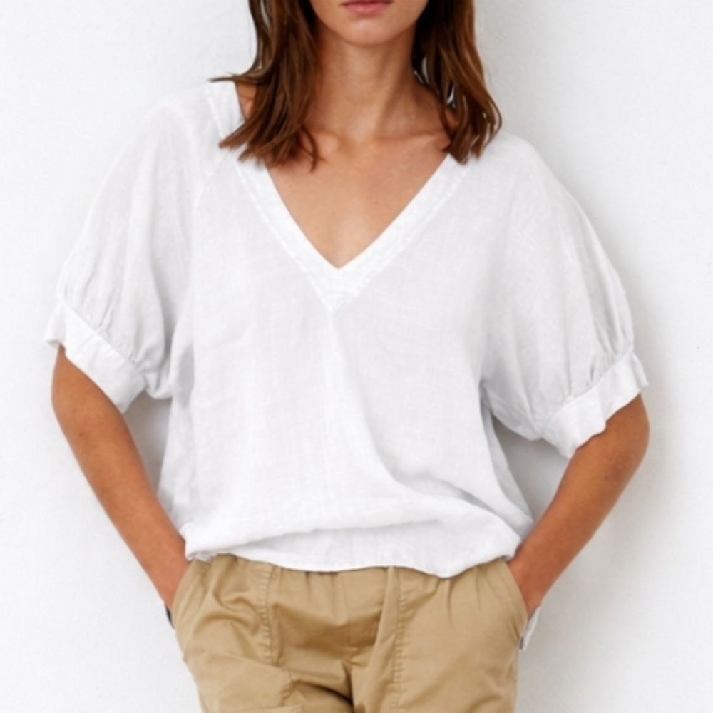 100 Linen VELVET White Top Adley Large Puff Sleeves V neck Graham Spencer